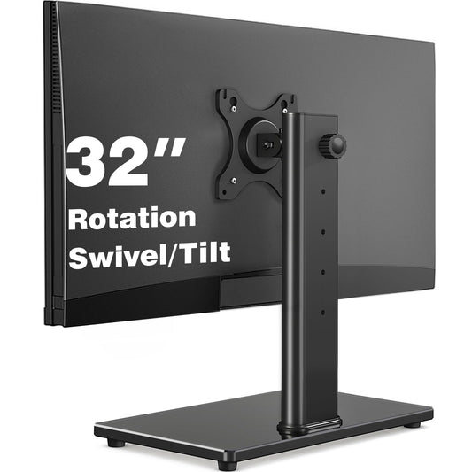 Single Monitor Stand VESA Mount for 13-32 Inch Screens, Free-Standing Monitor Riser with Swivel Tilt Rotation Height Adjustable, Universal Desk Stand up to 44lbs, VESA 75x75, 100x100mm