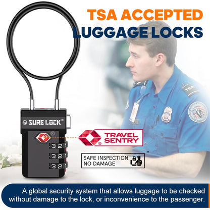SURE LOCK TSA Approved 3-Digit Combination Luggage Locks – Open Alert Indicator, Re-settable Code with Zinc Alloy Body, Easy-Read Dials for Suitcase, Backpack, Gym Locker & Toolbox(Extra Long Cable)