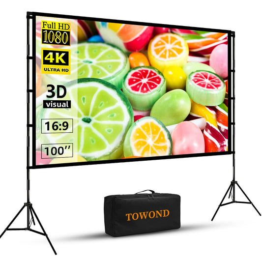 TOWOND Projector Screen with Stand, 100 inch Outdoor Projector Screen Portable Indoor Projection Screen 16:9 4K Rear Front Movie Screen with Carry Bag for Home Backyard Theater