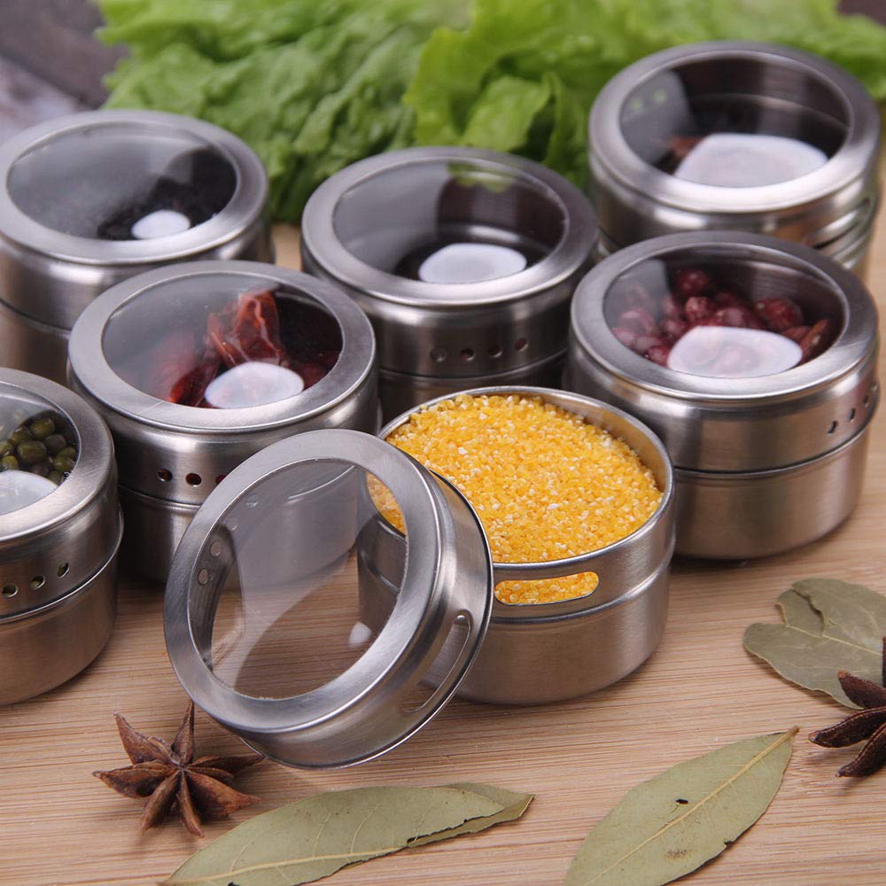 Sanvcomy 12 Powerful Magnetic Spice Tins- Stainless Steel Spice Storage Containers, Kitchen Spice Jars with Clear Lid with Sift & Pour, Rack Magnetic on Fridge, 120 Spice Labels