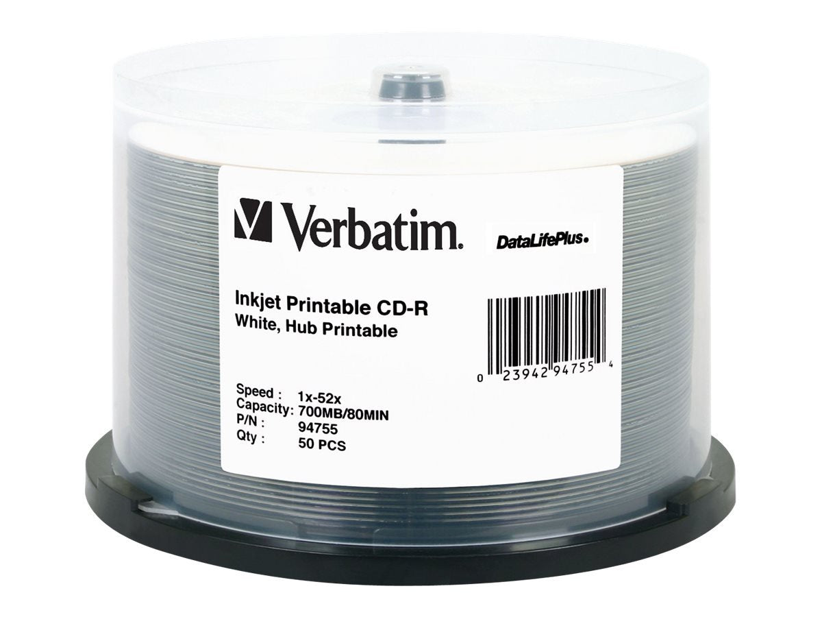 Verbatim CD-R 700MB 52X DataLifePlus White Inkjet Printable, Hub Printable - 50pk Spindle - 94755