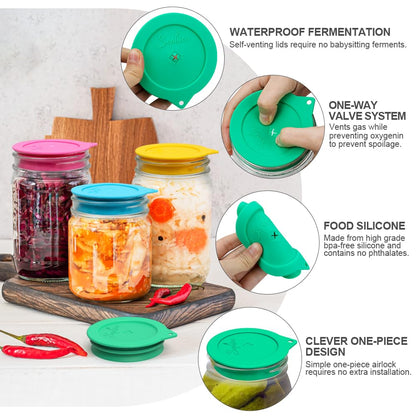 Sophico Silicone Fermenting Lids, Waterless Airlock Fermentation Tops Mason Jar Lid Fermenter Caps for Pickles, Kimchi, and Fermented Probiotic Food - 4 Pack, Wide Mouth (Jars Not Included)