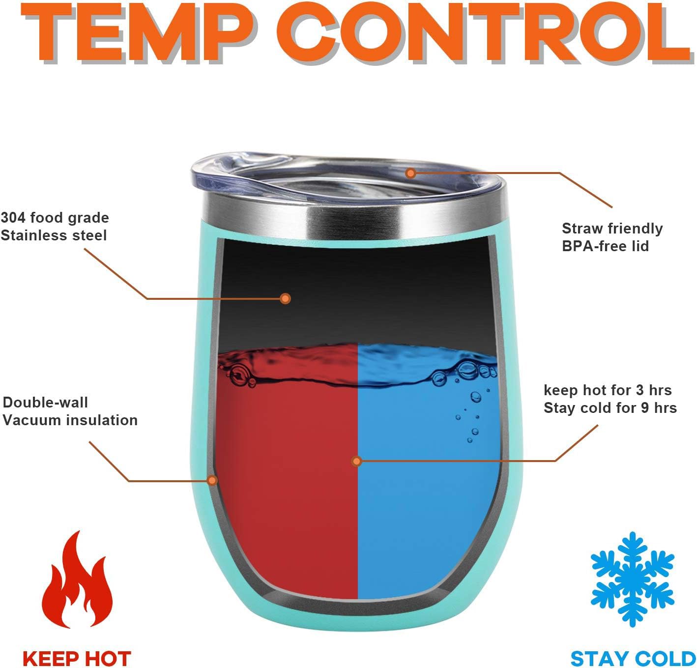 COMOOO Wine Tumbler 12oz Insulated Wine Cup Set of 4 with Lid and Straw Stainless Steel Wine Glass Tumbler Stemless for Hot and Cold Drinks, Champagne, Cocktails (Blue, 4 Pack)