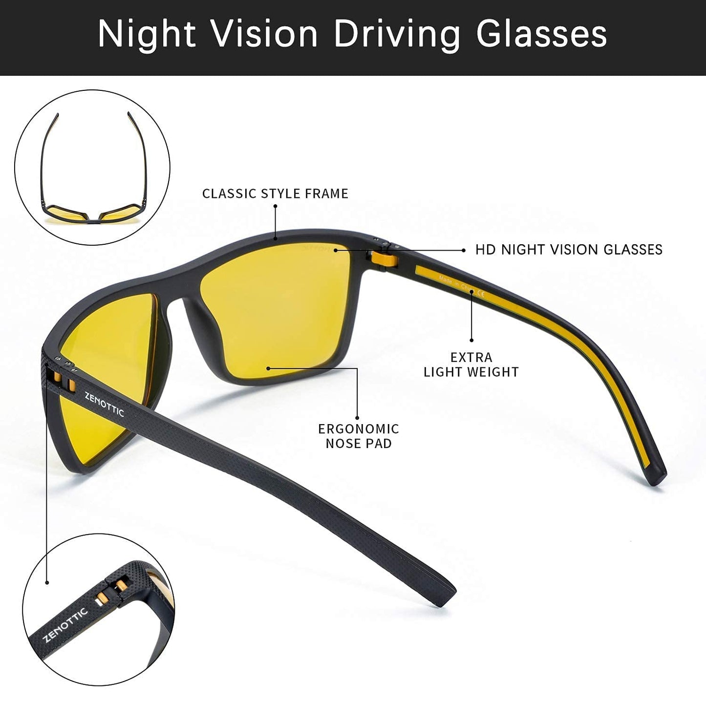 ZENOTTIC Night Vision Glasses for Men Lightweight TR90 Frame UV400 Protection Yellow Lens Night Driving Glasses