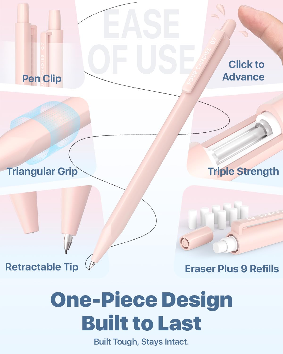 Four Candies Mechanical Pencils 0.7mm, with HB & 2B Lead Refills 0.7, Pastel Eraser Set & Eraser Refills, 16-Count Pack with Case, Cute Aesthetic School Supplies for Writing, Drawing and Sketching