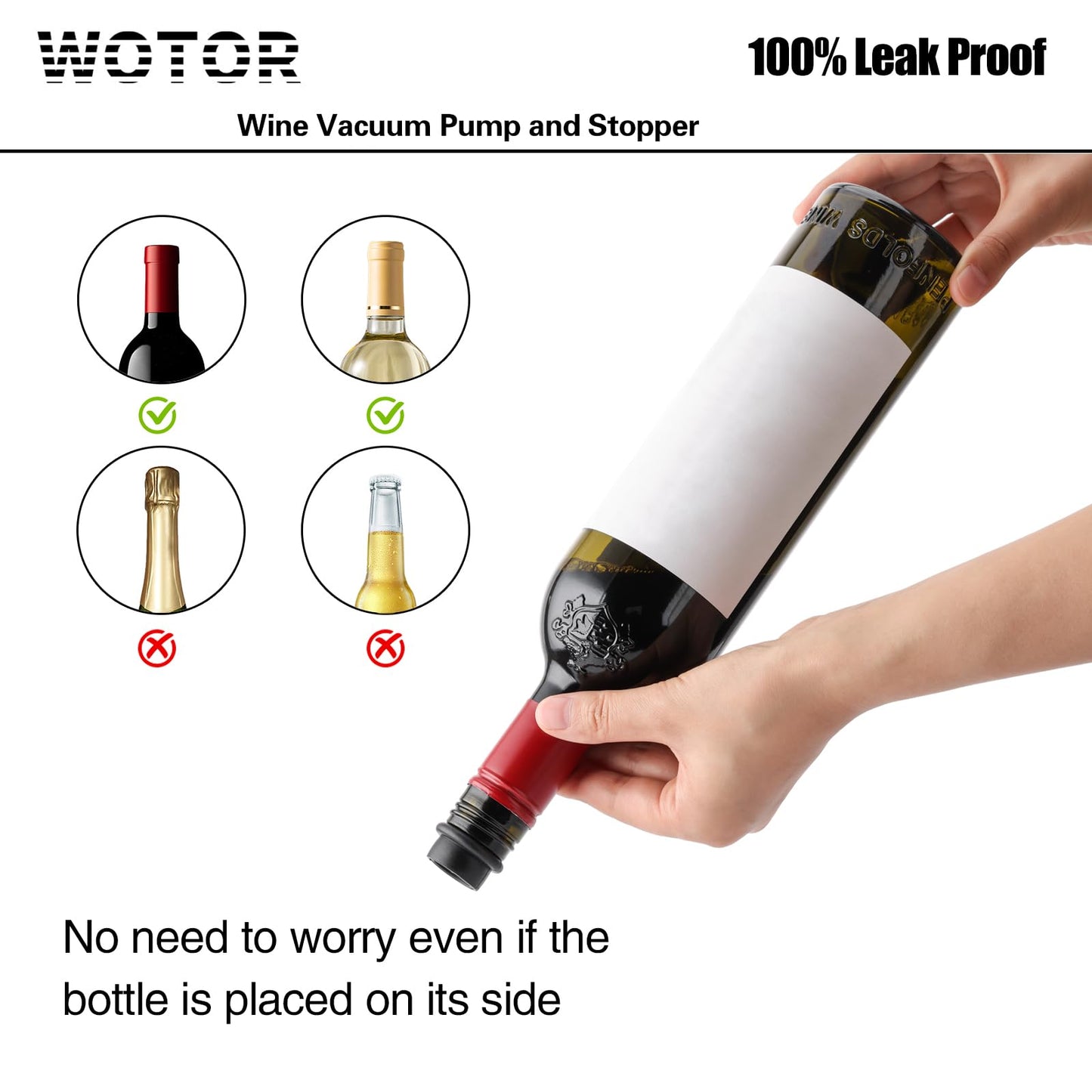 WOTOR Wine Saver Vacuum Pump with 4 Stoppers, Wine Stopper & Preserver, Reusable Bottle Sealer Keeps Fresh, Ideal Accessories Gift (Flat Handle)
