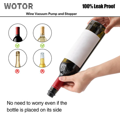 WOTOR Wine Saver Vacuum Pump with 4 Stoppers, Wine Stopper & Preserver, Reusable Bottle Sealer Keeps Fresh, Ideal Accessories Gift (Flat Handle)