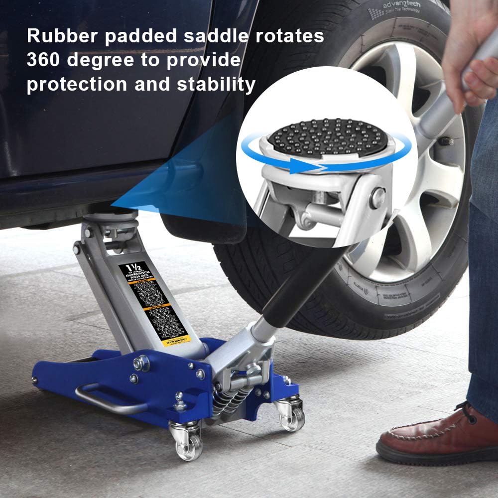 BIG RED T815016L Torin Hydraulic Low Profile Aluminum and Steel Racing Floor Jack with Dual Piston Quick Lift Pump, 1.5 Ton (3,000 lb) Capacity, Blue, T815016L