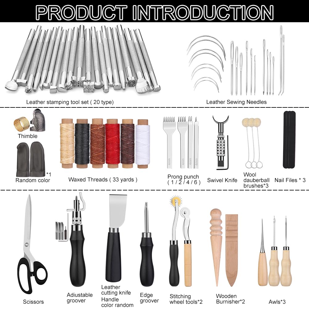 TLKKUE Leather Working Tools Leather Craft Tools for Carving Stamping Sewing Punching Cutting with Custom Custom Storage Bag Professional Tooling Kit for Crafting, Repair & DIY Projects