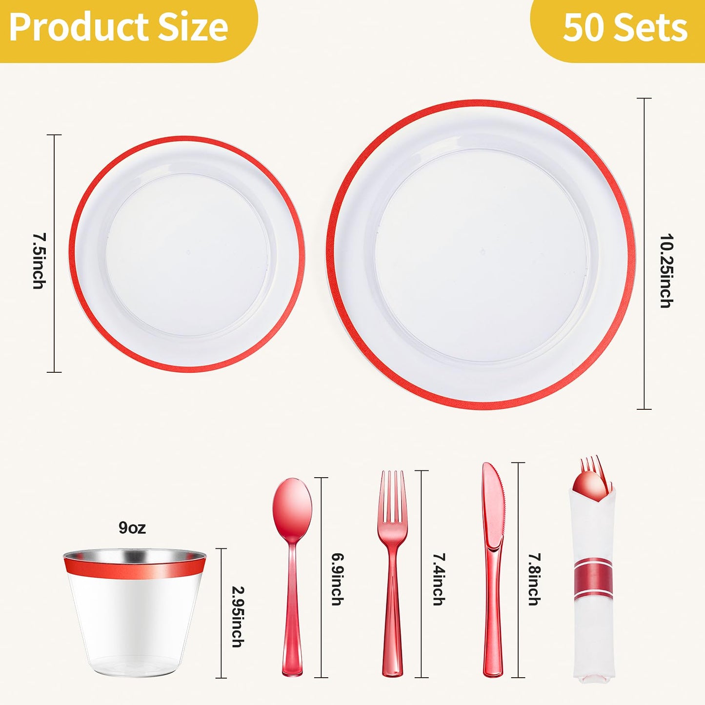 Goodluck 350 Piece Red Plastic Dinnerware Set for Party, Clear Disposable Plates for 50 Guests, Include: 50 Dinner Plastic Plates, 50 Dessert Plates, 50 Pre Rolled Napkins with Cutlery Set, 50 Cups