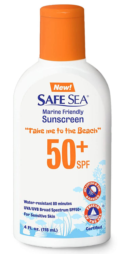 Safe Sea Jellyfish Sting-Blocking Sunscreen, SPF 50+ Lotion 4oz, Waterproof, Biodegradable, Coral Reef-Safe – Body and Face Sunscreen, Anti-Jellyfish and Sea-Lice sting protection.