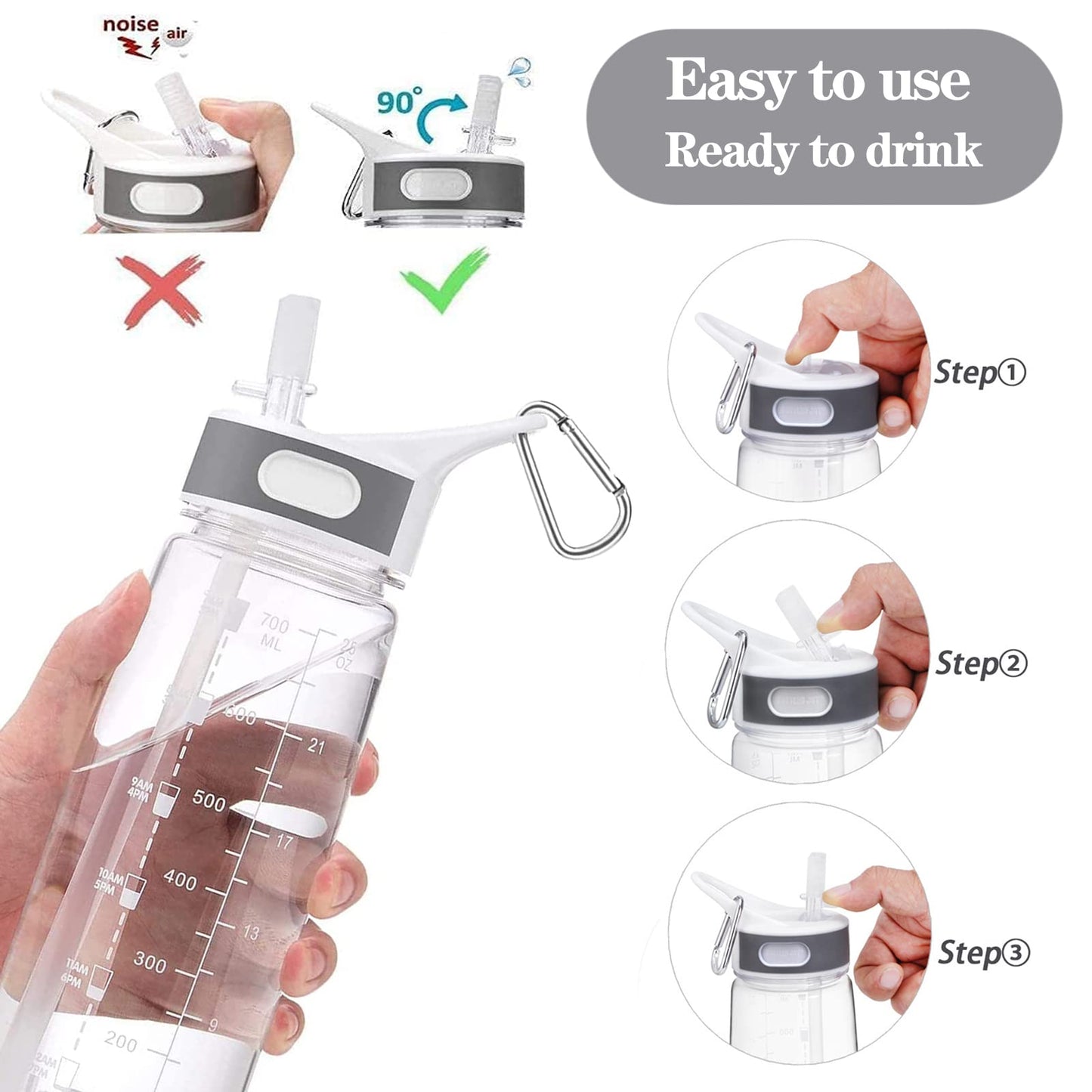 Sports Water Bottle with Straw & Handle, BPA-Free Water Bottle with Motivational Marker Reminder Leakproof 27oz 800ml High Capacity Drinking Bottle for Athletic, Running, Outdoor Activity