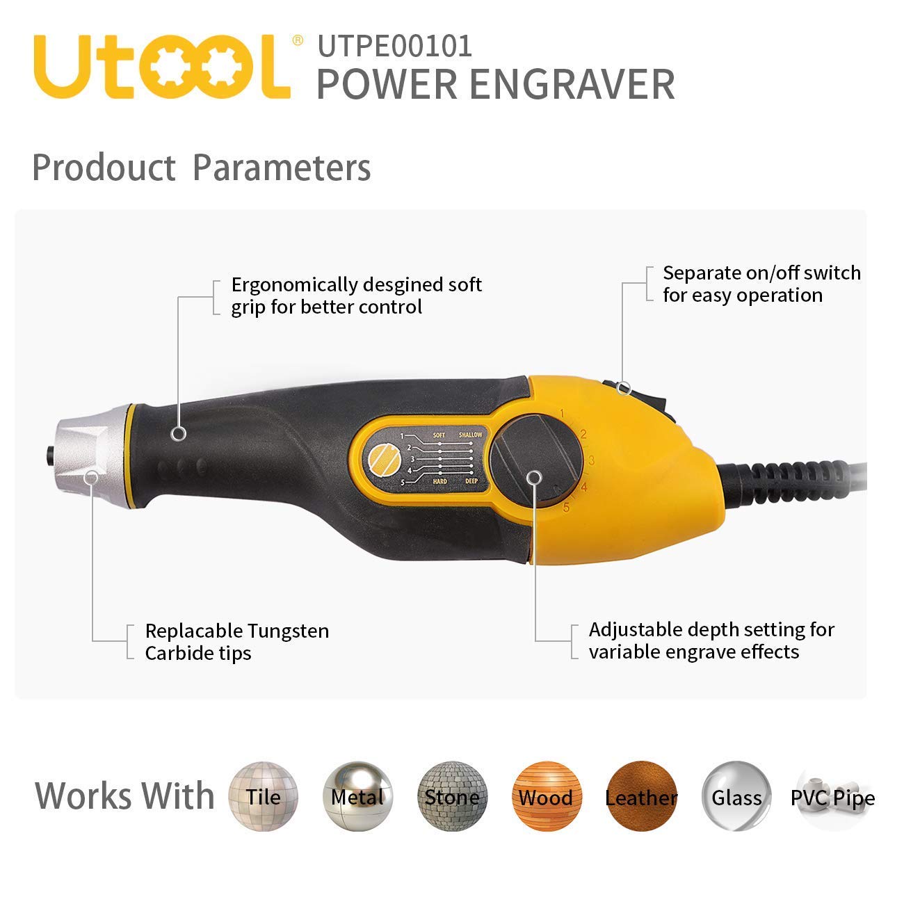 UTOOL Engraver Pen with Letter/Number Stencil, 24W Handheld Etching Tool for Wood Metal Glass Engraving with 4 Replaceable Tungsten Carbide Steel Bits