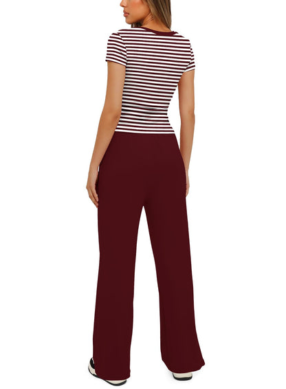 Darong Women's Short Sleeve Ruched Tee and Wide Leg Pant 2 Piece Tracksuit Sleep Pajama Set 9042A Red Striped S