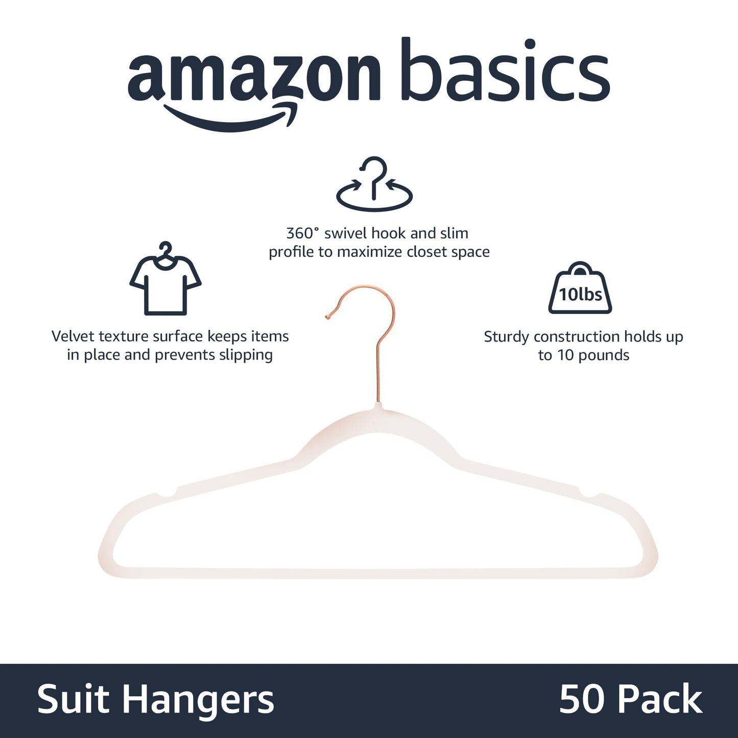 Amazon Basics Slim Velvet, Non-Slip Suit Clothes Hangers, Pack of 50, Blush Pink/Rose Gold