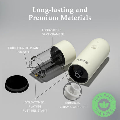 Electric Salt and Pepper Grinder Set, USB Rechargeable, Automatic Salt and Pepper Mill Grinder with Adjustable Coarseness, Electric Salt Shakers, LED Light, Refillable (2 Packs, Buttercream)