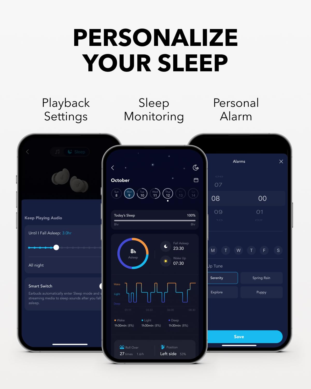 Soundcore Sleep A20 by Anker Sleep Earbuds, 30dB High-Frequency Noise Reduction, Small Earplugs for Side Sleepers, 80H Playtime, Stream Content via Bluetooth 5.3, Sleep Monitor, Personal Alarm