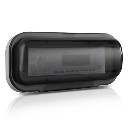 Pyle Water Resistant Marine Stereo Cover - Smoke Colored Heavy Duty Boat Radio Protector Shield with Flip-up Door & Spring Loaded Release - Mounting Gasket Included - PLMRCW1