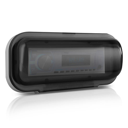 Pyle Water Resistant Marine Stereo Cover - Smoke Colored Heavy Duty Boat Radio Protector Shield with Flip-up Door & Spring Loaded Release - Mounting Gasket Included - PLMRCW1