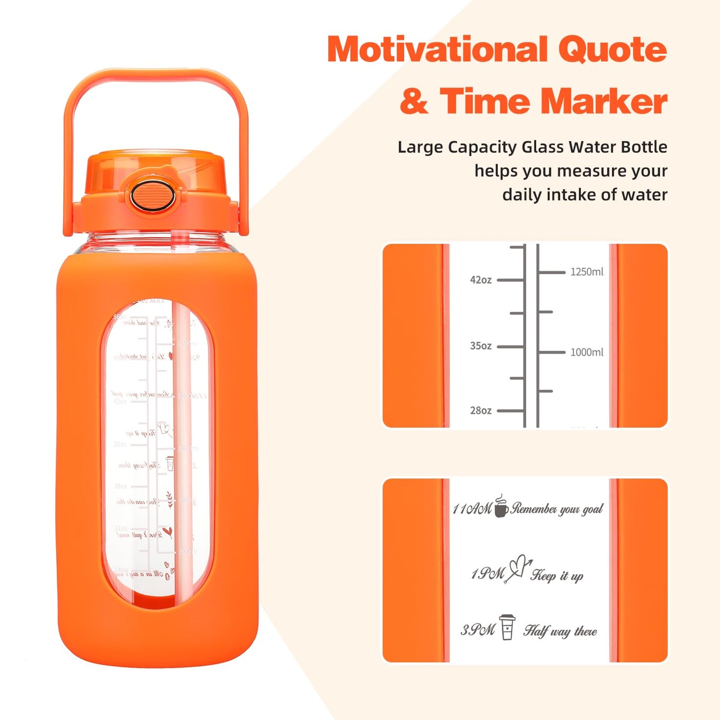 SIEROZUR 64oz Glass Water Bottle with Straw and Handle Lid Half Gallon Motivational Glass Bottle with Silicone Sleeve and Time Marker Large Reusable Sports Water Jug for Gym Home Workout