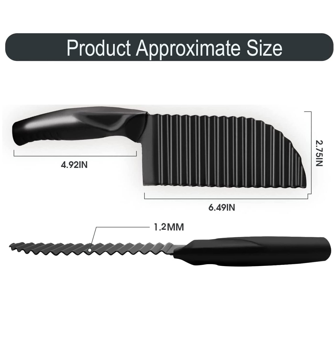 YukaBa Crinkle Potato Cutter 2.9" x 11.8" Stainless Steel Waves French Fries Slicer Handheld Chipper Chopper, Vegetable Salad Chopping Knife Home Kitchen Wavy Blade Cutting Tool, Black (1 Pack)