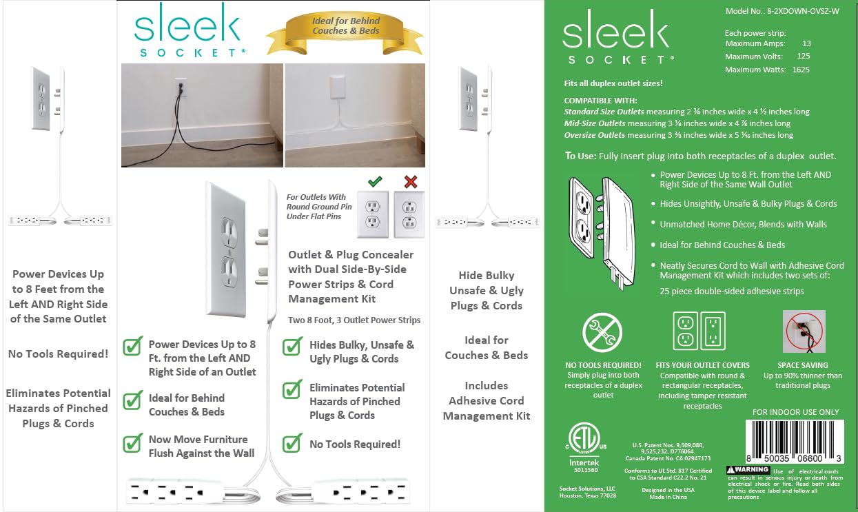 Sleek Socket Original & Patented Ultra-Thin Outlet Concealer with Cord Concealer Kit, Flat Extension Cord with Multi Outlets Power Strip, Ideal for Home Improvement, Hide Bulky and Messy Cords