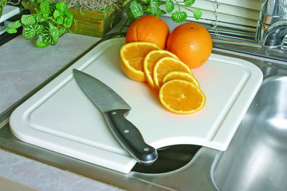 Camco Camper/RV Sink Mate Cutting Board | Features Built-In Juice Groove & Cut Corner for Scrap Disposal | Designed w/Adjustable Rubber Feet for Different Sink Sizes | Expand Kitchen Workspace (43857)