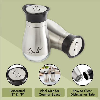 Stainless Steel Salt and Pepper Shaker Set with Glass Bottom, Perforated "S" and "P" Caps - Modern Kitchen Counter Decor (4oz)