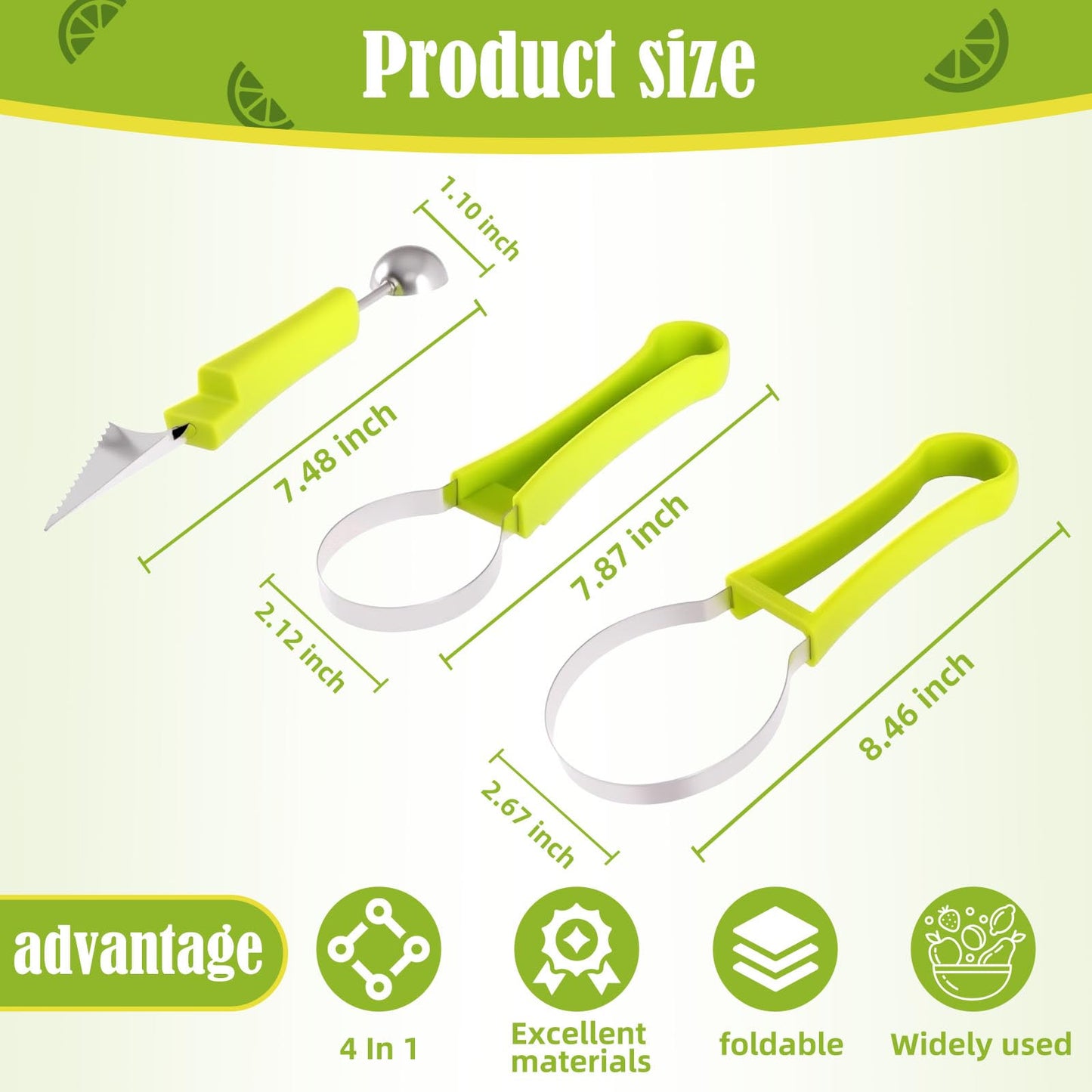 Suuker Melon Baller Scoop Set,4 In 1 fruit cutters shapes, watermelon scooper fruit scooper and baller, fruit carving tools（Green）