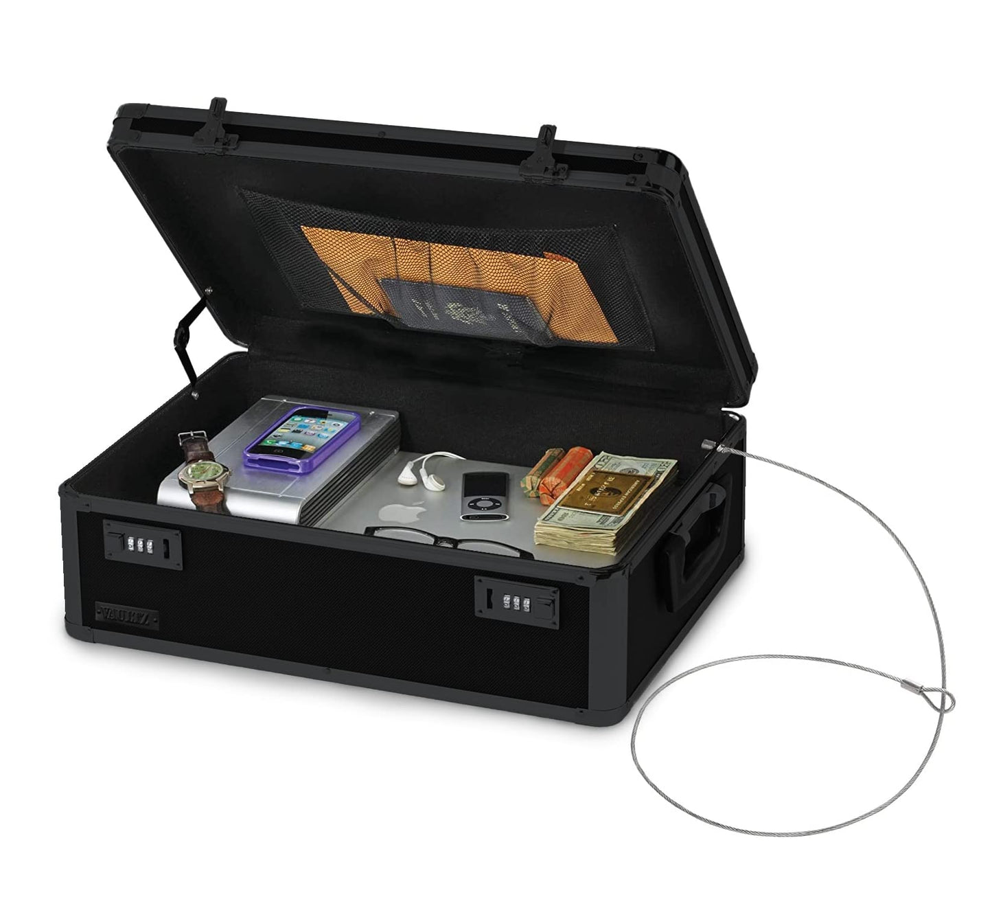 Vaultz Storage Lock Box - 6.5 x 19.25 x 13.5 Inch Lockable Dorm Storage Trunk with Combination Lock - Briefcase, Medicine Box, Lock Boxes for Personal Items, Cash, Laptop - Black on Black