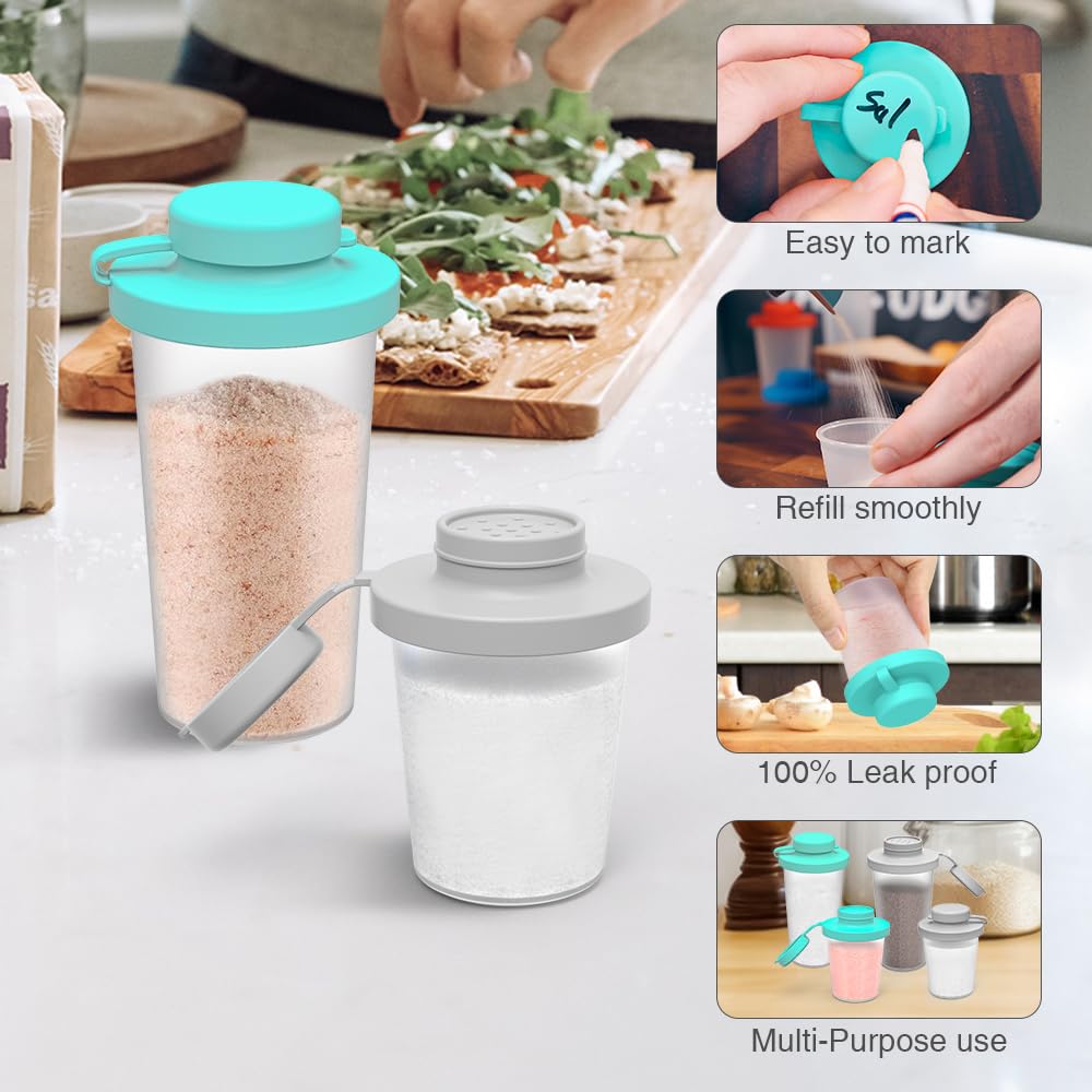 Sophico Small Salt and Pepper Shakers Set with Moisture Proof Sinlicone Lids, 4.5oz Mini Spice Shaker to go for Camping Travel Picnic Lunch Boxes (Mint & Grey, Medium & Large)