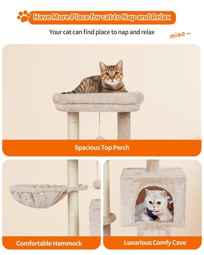 FISH&NAP Cute Cat Tree Kitten Cat Tower for Indoor Cat Condo Sisal Scratching Posts with Jump Platform Cat Furniture Activity Center Play House Beige