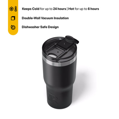 RTIC 20oz Essential Tumbler with Lid, Insulated, Stainless Steel, Metal, Double Wall Vacuum-Insulation, Ceramic Lined, Travel Cup for Iced Coffee, Tea, Hot and Cold Drink, Black