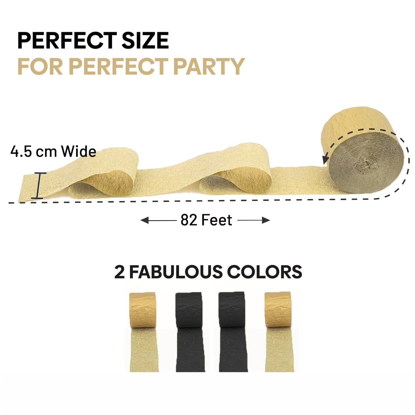 Captain Décor 4 Crepe Paper Streamers Rolls, 328ft Pack of 4 Gold and Black Streamers for Party Decorations, Birthday Streamers, Party Streamers for Wedding Decoration (1.8 inch x 82 ft/Roll)…
