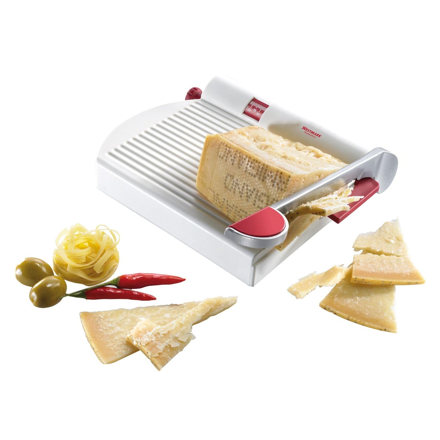 Westmark Germany Multipurpose Stainless Steel Cheese and Food Slicer with Board and Adjustable Thickness Dial (White) -