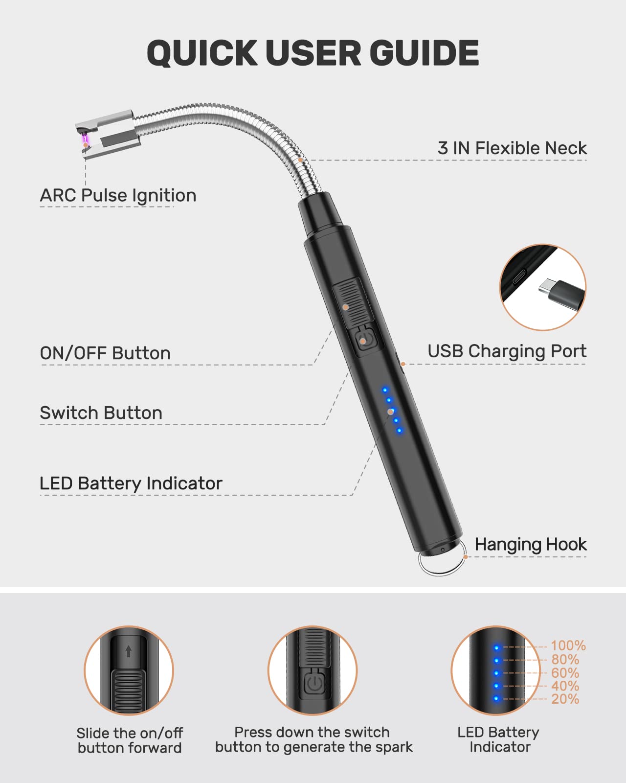 RONXS Electric Lighter, Candle Lighters USB Rechargeable Arc Lighter with Hanging Hook, LED Battery Display Long Lighters for Candle Grill BBQ Home Outdoor