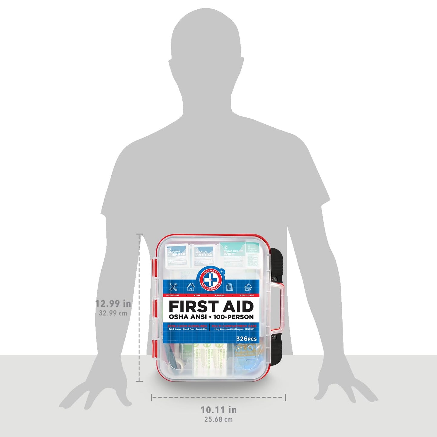 Be Smart Get Prepared First Aid Kit Hard Red Case 326 Pieces Exceeds OSHA and ANSI Guidelines 100 People - Office, Home, Car, School, Emergency, Survival, Camping, Hunting and Sports (20HBC01015REV3)