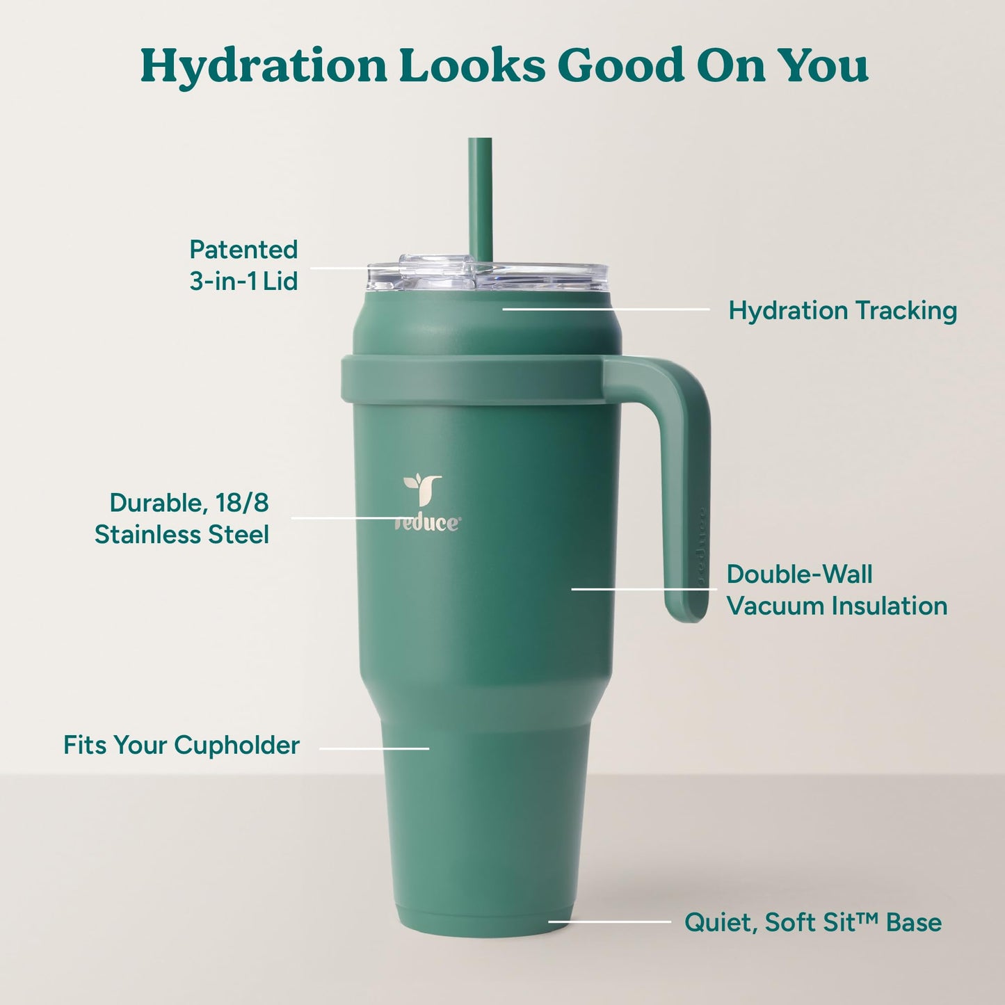 REDUCE 50 oz Stainless Steel Tumbler with Handle - Dual-Wall Vacuum Insulated Travel Mug, Sweat-Proof Lid & Reusable Straw - Keeps Drinks Cold for 24 Hrs, Fits Cupholders, Dishwasher Safe - Alpine