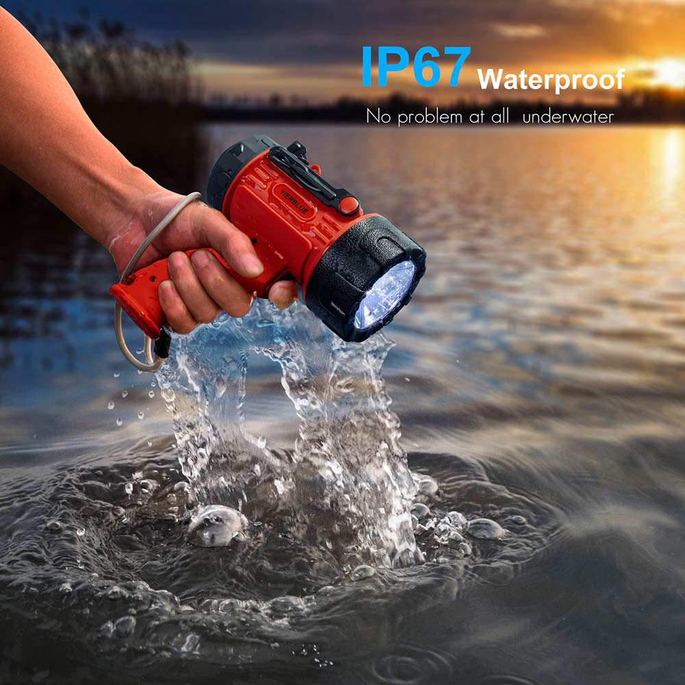 YIERBLUE Rechargeable Spotlight with Super High Lumen LED, IP67 Waterproof Handheld Flashlight Searchlight with Detachable Red Light Filter, Long Running