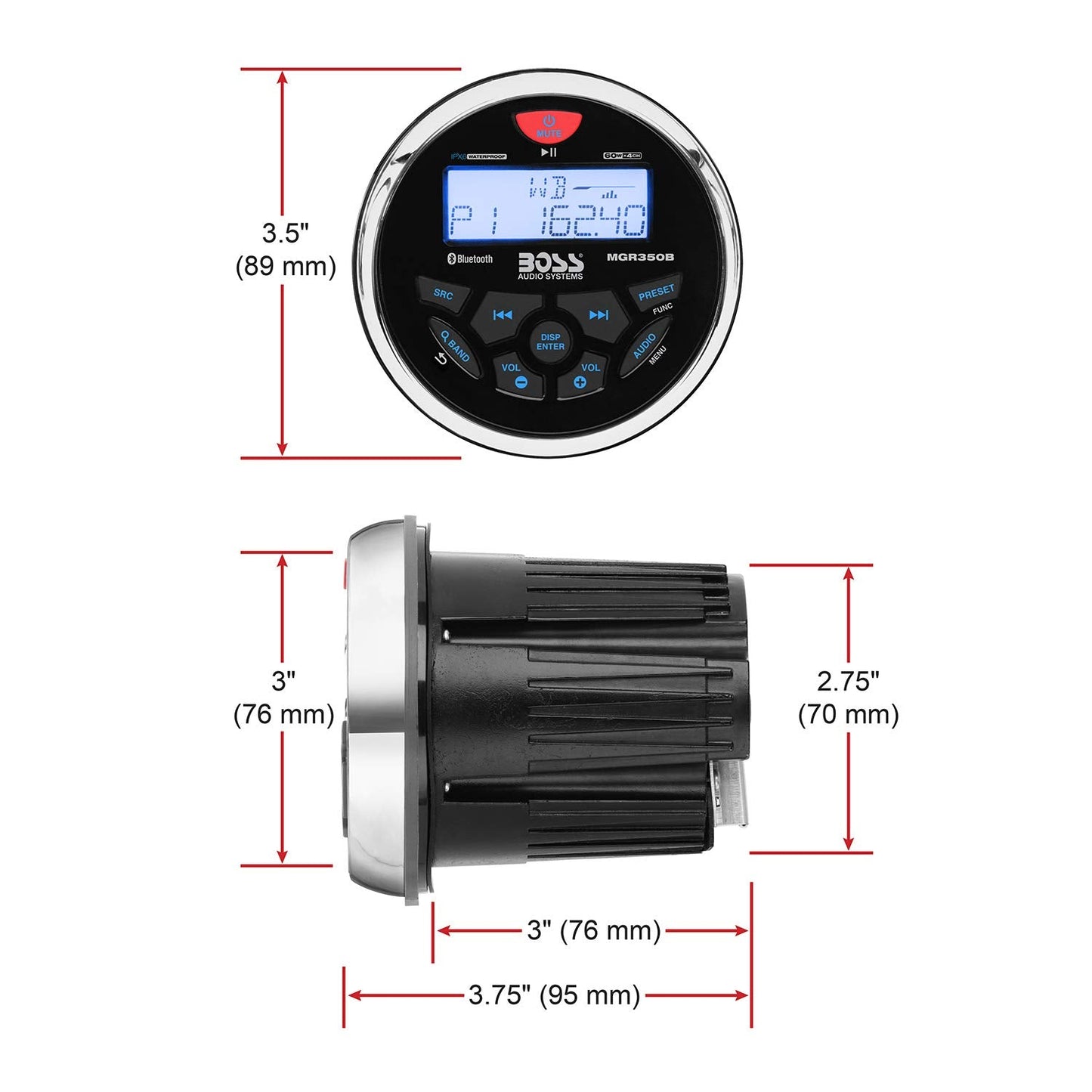 BOSS Audio Systems MGR350B Marine Boat Stereo Gauge Receiver – Bluetooth Head Unit, No CD DVD Player, Built-in 4 Channel Amplifier, Weatherproof, USB, USB Charging