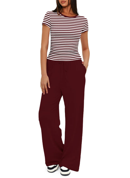 Darong Women's Short Sleeve Ruched Tee and Wide Leg Pant 2 Piece Tracksuit Sleep Pajama Set 9042A Red Striped S