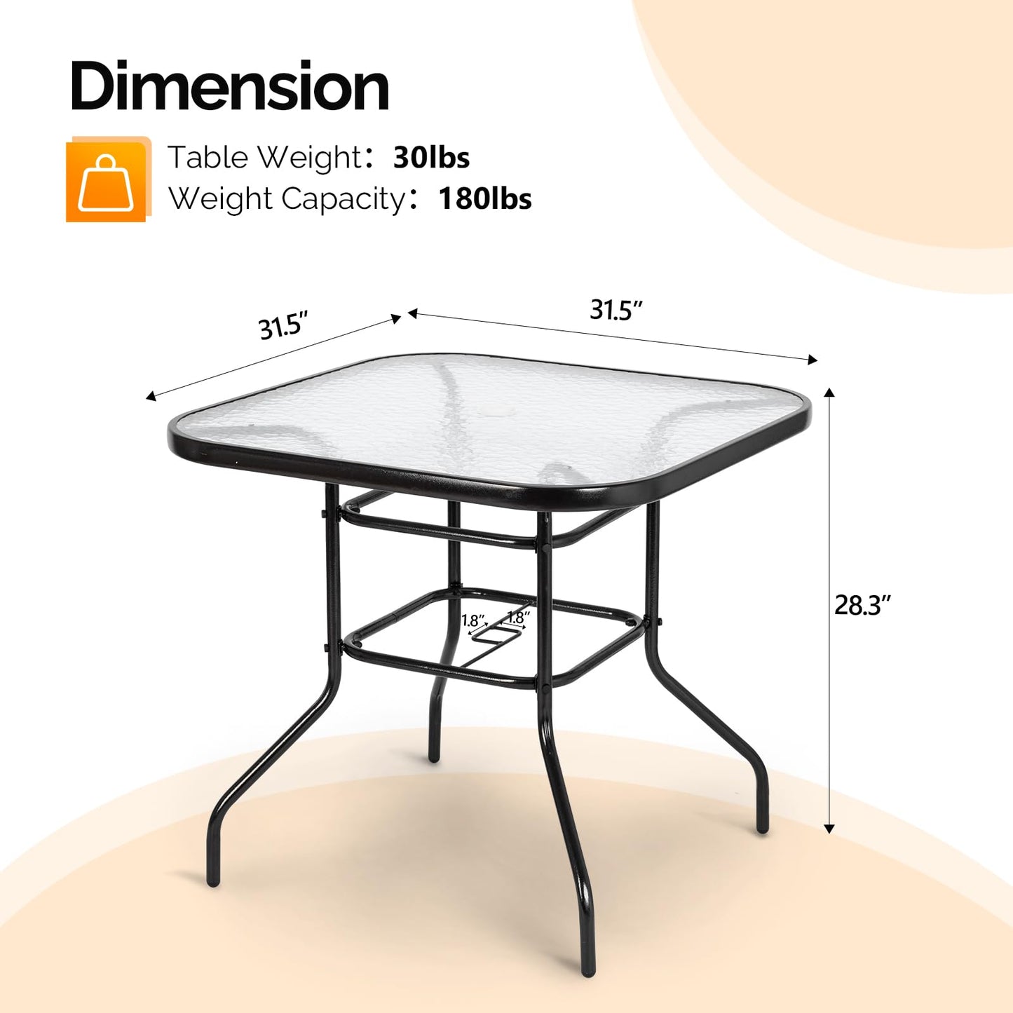 VINGLI Glass Patio Table with Umbrella Hole, 32" Square Outdoor Dining Table Steel Tempered Glass Patio Tables Outdoor Tables for Balcony Garden Deck