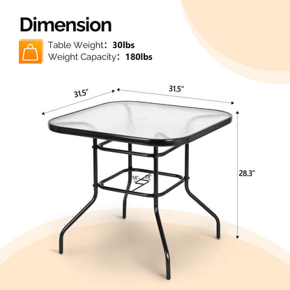 VINGLI Glass Patio Table with Umbrella Hole, 32" Square Outdoor Dining Table Steel Tempered Glass Patio Tables Outdoor Tables for Balcony Garden Deck