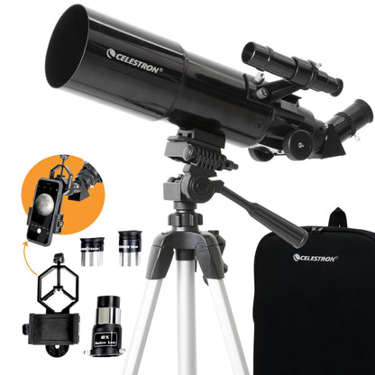 Celestron Travel Scope 80 Portable Refractor Telescope – 80mm Aperture, Fully-Coated Glass Optics – Includes Tripod, Smartphone Adapter, Backpack & Software – Ideal for Beginners & Travel