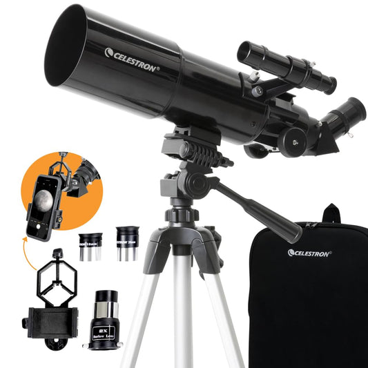 Celestron Travel Scope 80 Portable Refractor Telescope – 80mm Aperture, Fully-Coated Glass Optics – Includes Tripod, Smartphone Adapter, Backpack & Software – Ideal for Beginners & Travel