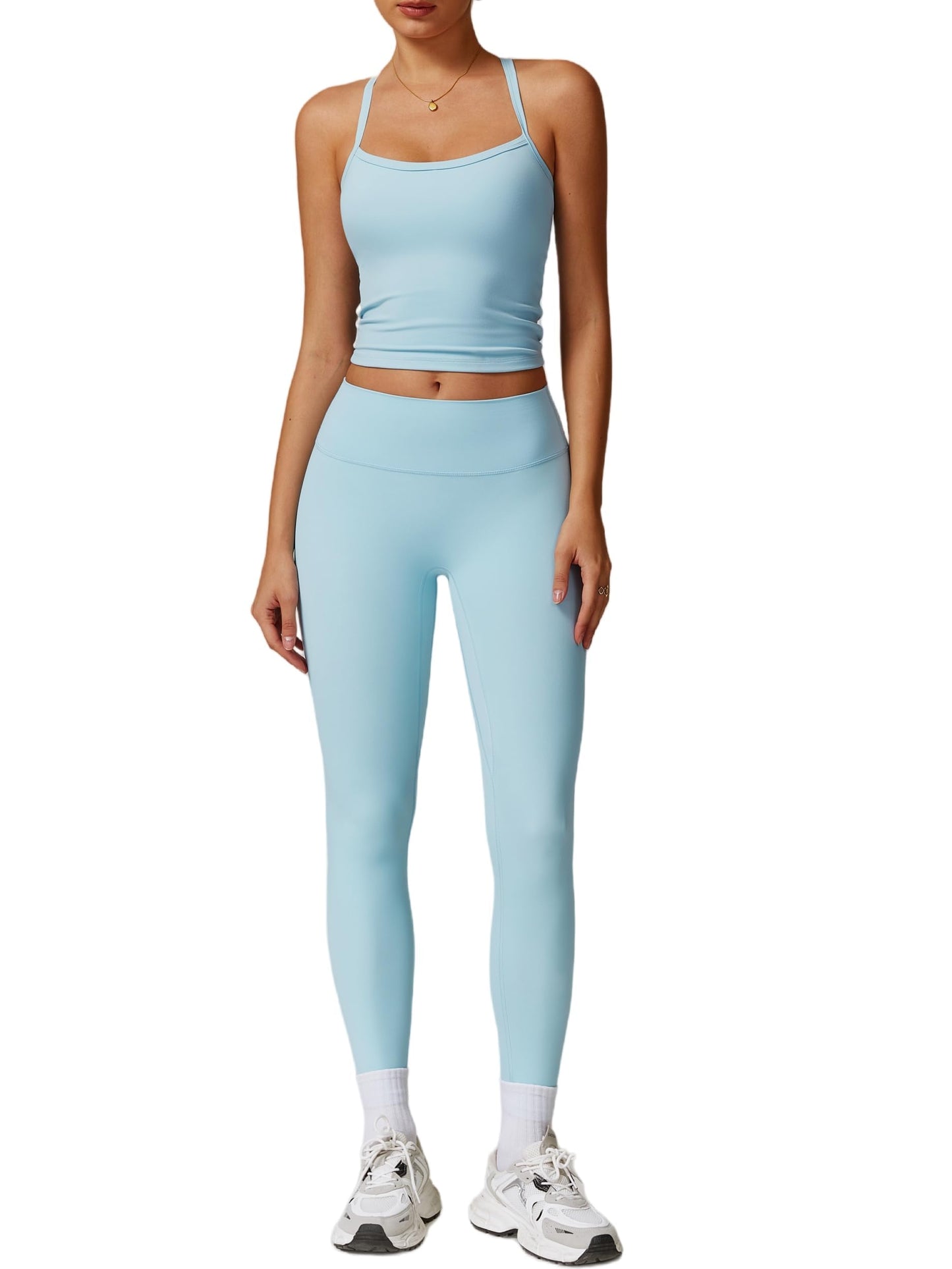 Womens Workout Sets Two Piece Seamless Stretch Cross Back Tank Top Matching Tummy Control High Waist Leggings Set 2 Piece For Women Gym Yoga Active Wear Outfits Athletic Work Out Clothes Blue S
