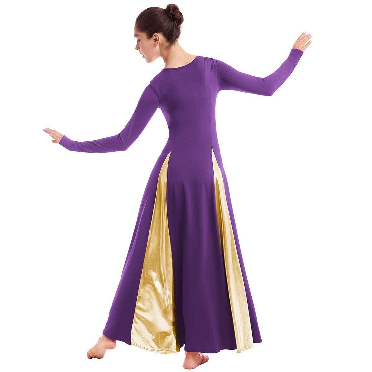 Womens Liturgical Praise Lyrical Dance Dress Loose Fit Full Length Metallic Color Block Long Sleeve Worship Costume Ballet Maxi Swing Gown Purple+Gold XL