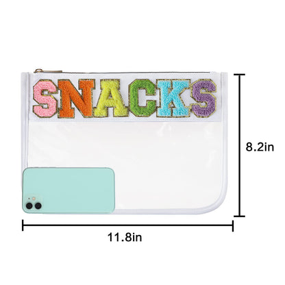 DYSHAYEN Snack Bag for Travel,Chenille Letter Clear Zipper Pouch,Nylon Clear Cosmetic Bag,Preppy Makeup Travel Bag for Women (White-Snacks)