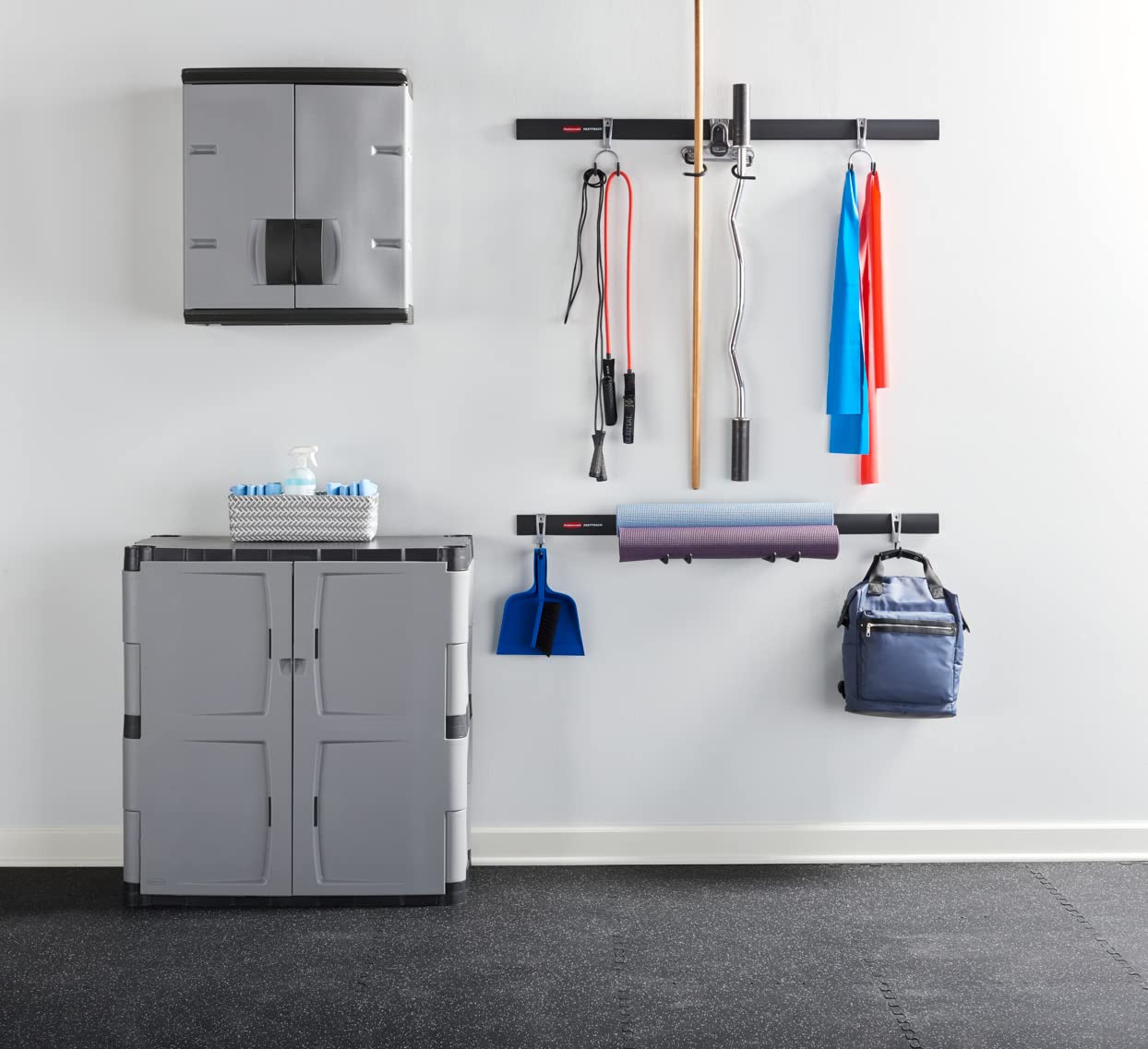 Rubbermaid Wall Mounted Storage Cabinet with Doors 150-Pound Capacity Gray Lockable Three-Shelf Cubbard for Tools/Car Accessories/Cleaning in Home/Garage/Outdoor Areas