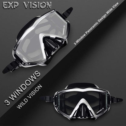Adult Pano 3 Window Scuba Diving Mask, Tempered Glass Snorkel Mask Anti-Fog Swim Mask No Leakage Swim Goggles with Nose Cover Snorkeling Gear for Snorkeling, Freediving, Swimming (Black)
